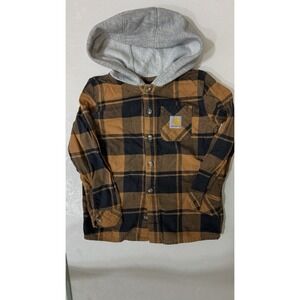 Carhartt Boys Size 6T  Button Down Plaid Brown Long Sleeve Pocket Logo Hooded